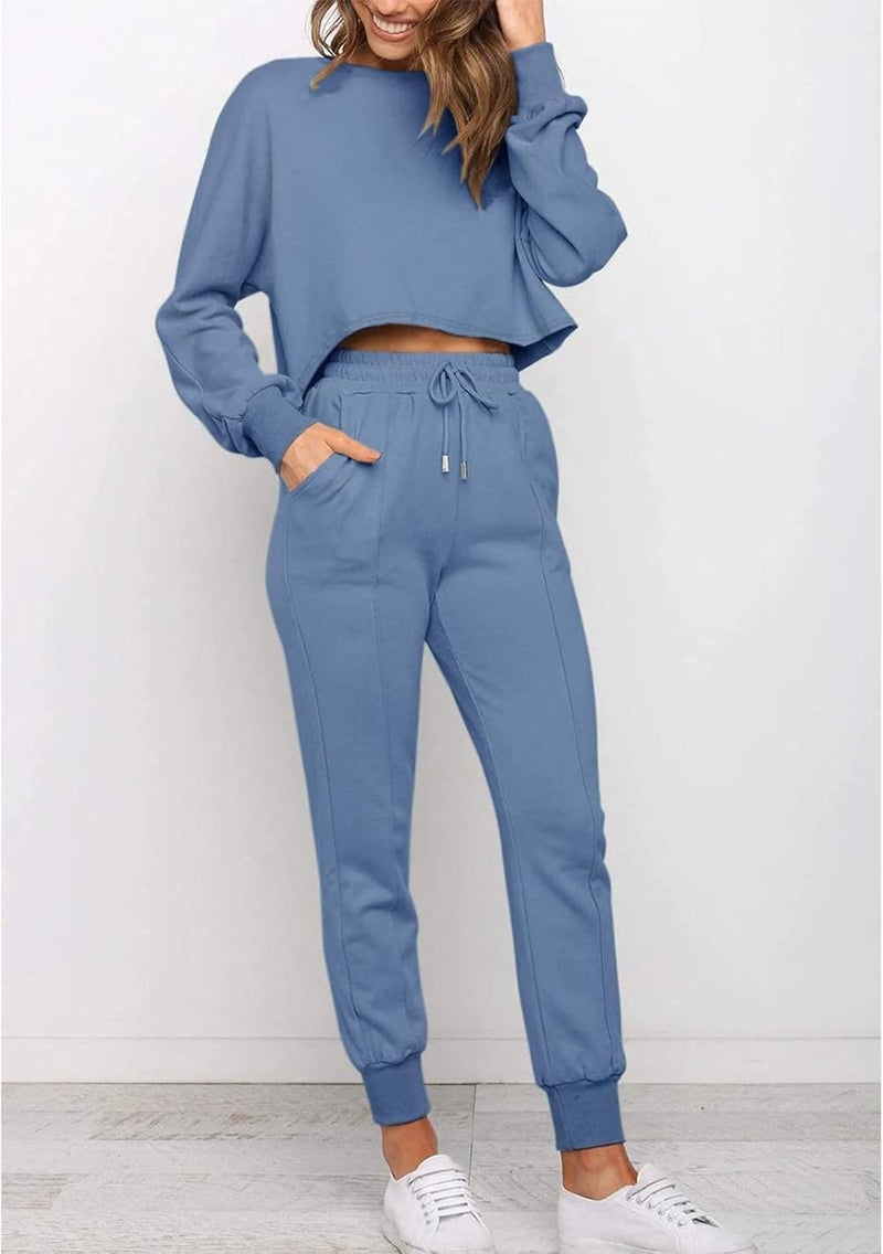 كلاراكو طقم ملابس نسائي مكون من قطعتين، بلوزة قصيرة بأكمام طويلة، خصر مرن برباط، بنطال رياضي، بدلة رياضية غير رسمية، طقم ترفيهي - Image 2