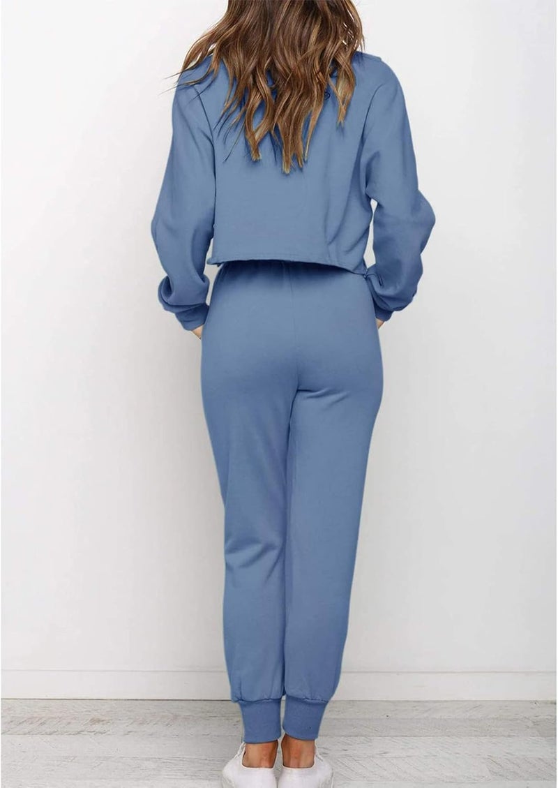 كلاراكو طقم ملابس نسائي مكون من قطعتين، بلوزة قصيرة بأكمام طويلة، خصر مرن برباط، بنطال رياضي، بدلة رياضية غير رسمية، طقم ترفيهي - Image 5