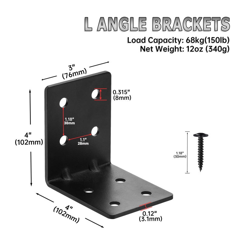 MOZCORN 4 PCS Heavy Duty Steel Corner Brackets, 4"x4"x3" 90 Degree L Right Angle Bracket, DIY L Shelf Brackets, Metal Joint Timber Connector Support for Wood Shelves, Furniture - Image 2
