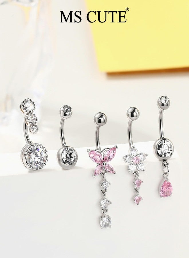 MS CUTE 5PCS Belly Button Rings for Women 14G Dangle Navel Piercing Jewelry Set Surgical Stainless Steel Body Jewelry with CZ Butterfly Flower Teardrop Barbell for Beach Festival Daily, 14G 10MM - Image 5