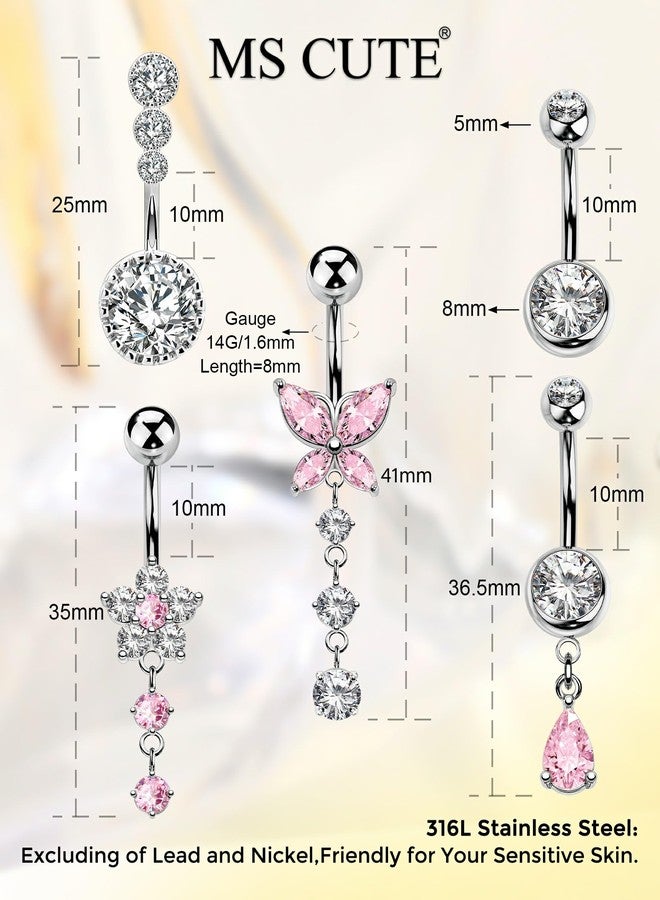 MS CUTE 5PCS Belly Button Rings for Women 14G Dangle Navel Piercing Jewelry Set Surgical Stainless Steel Body Jewelry with CZ Butterfly Flower Teardrop Barbell for Beach Festival Daily, 14G 10MM - Image 4