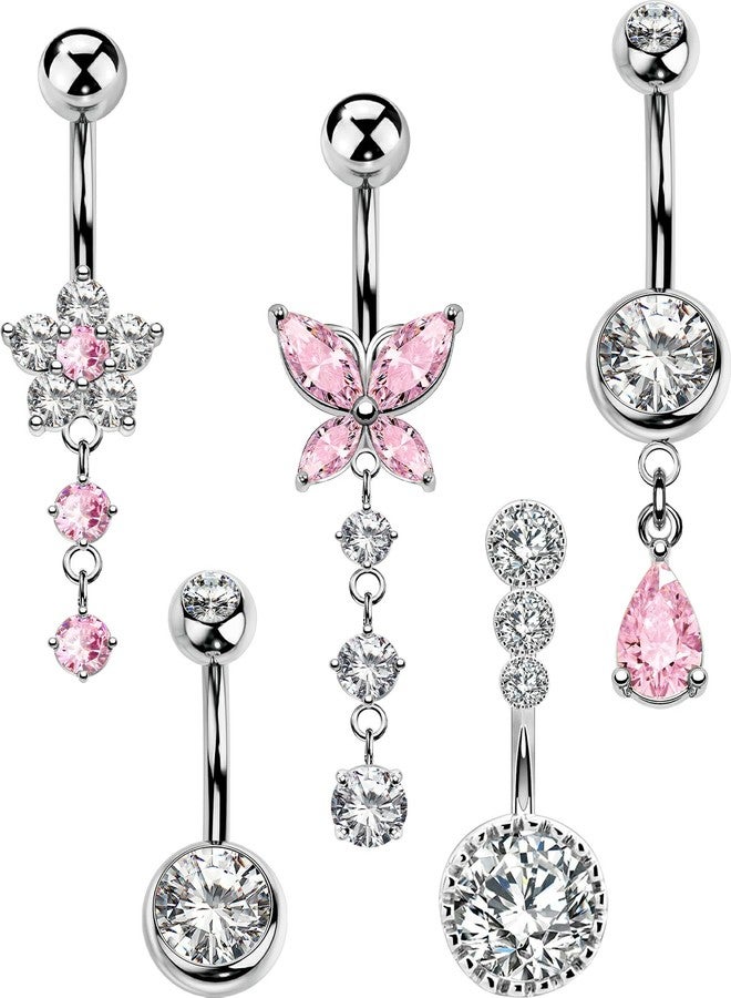 MS CUTE 5PCS Belly Button Rings for Women 14G Dangle Navel Piercing Jewelry Set Surgical Stainless Steel Body Jewelry with CZ Butterfly Flower Teardrop Barbell for Beach Festival Daily, 14G 10MM - Image 1