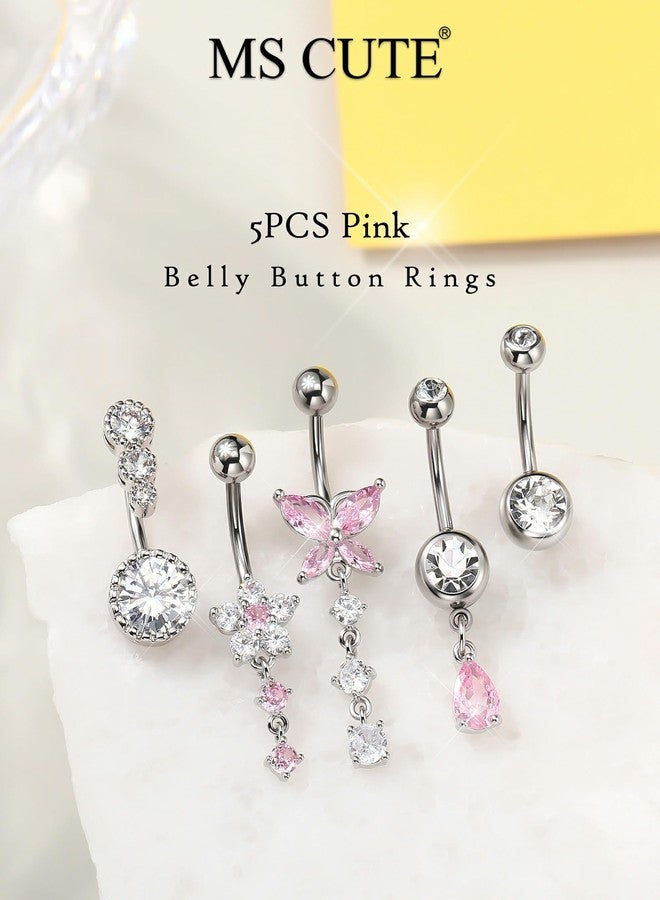 MS CUTE 5PCS Belly Button Rings for Women 14G Dangle Navel Piercing Jewelry Set Surgical Stainless Steel Body Jewelry with CZ Butterfly Flower Teardrop Barbell for Beach Festival Daily, 14G 10MM - Image 2