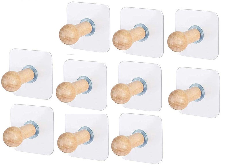 Gopendra Gopendra Adhesive Wooden Wall Hook Hanger Hanging for Hats Caps Jackets Coat Bathrobe Bath Towel Keys and Kitchen Utensils 10pcs  - Image 1