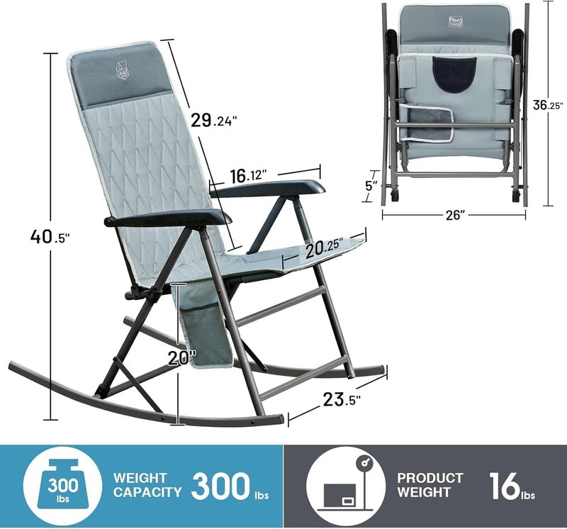 Timber Ridge 3-Level Adjustable Rocking Camping Chair, Padded High Back Outdoor Rocking Chair with Side Pocket, Portable Folding Rocker for Adults, Supports 300 LBS for Lawn, Patio, Porch - Image 2