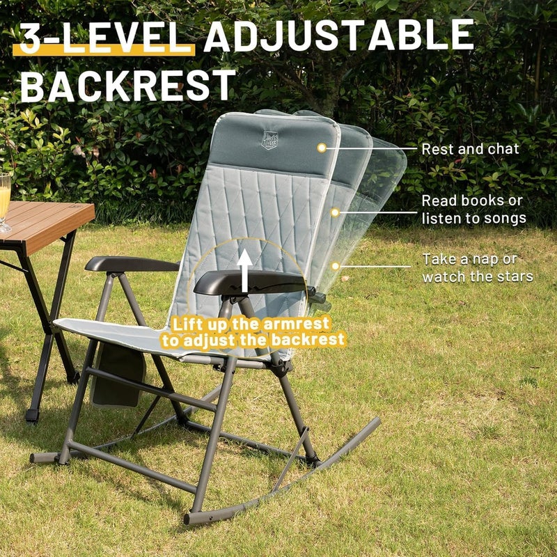 Timber Ridge 3-Level Adjustable Rocking Camping Chair, Padded High Back Outdoor Rocking Chair with Side Pocket, Portable Folding Rocker for Adults, Supports 300 LBS for Lawn, Patio, Porch - Image 3