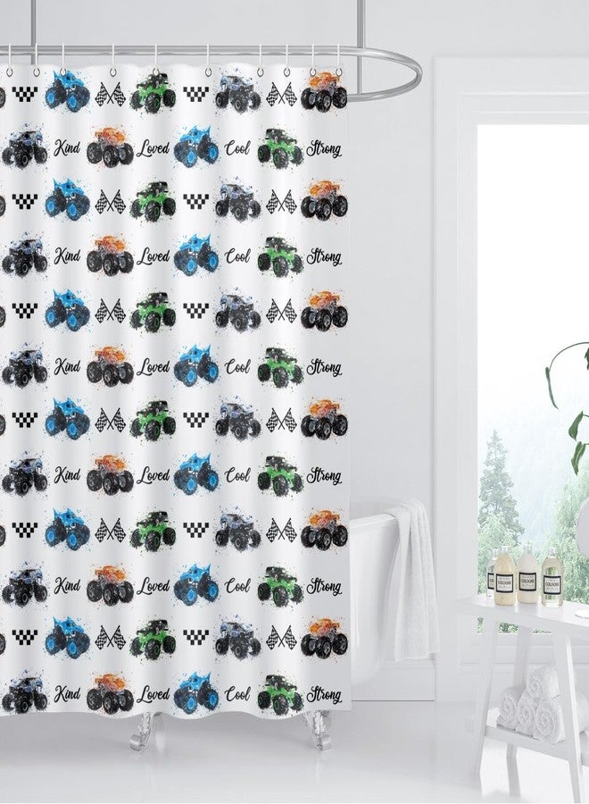 ZXMBF Kids Monster Truck Shower Curtain Cool Boys Cartoon Cars Inspirational Motivational Words Blue Green Orange Bathroom Decor Waterproof Fabric 72Lx72W inch with 12PCS Hooks - Image 2