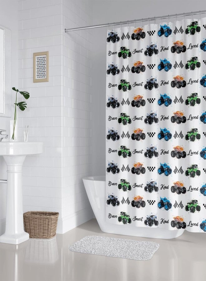 ZXMBF Kids Monster Truck Shower Curtain Cool Boys Cartoon Cars Inspirational Motivational Words Blue Green Orange Bathroom Decor Waterproof Fabric 72Lx72W inch with 12PCS Hooks - Image 3