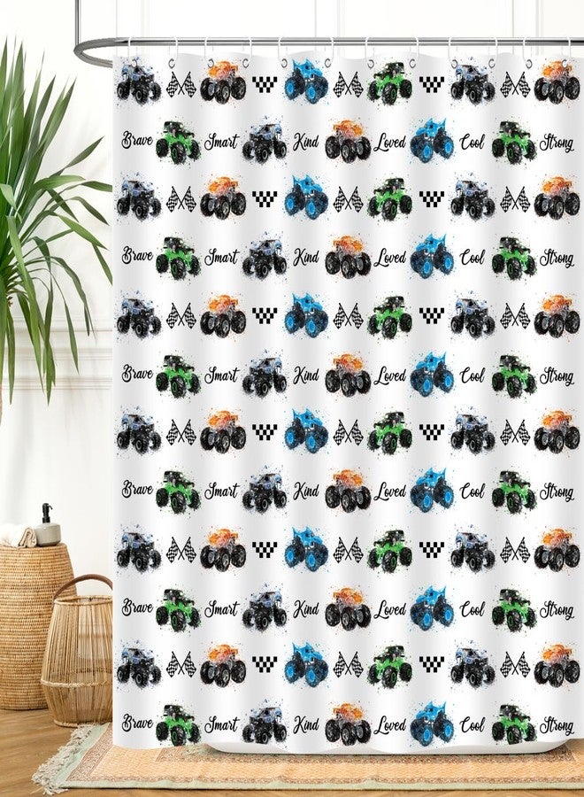 ZXMBF Kids Monster Truck Shower Curtain Cool Boys Cartoon Cars Inspirational Motivational Words Blue Green Orange Bathroom Decor Waterproof Fabric 72Lx72W inch with 12PCS Hooks - Image 1
