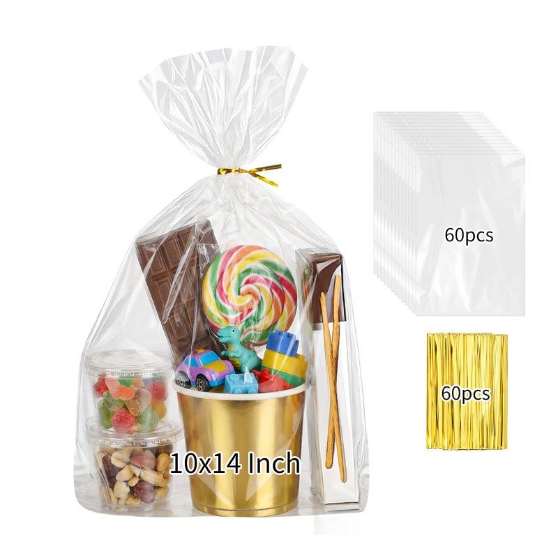 woric 60pcs Cellophane Bags 10x14 Inch Clear Gift Bags Cellophane Wrap Treat Bag Party Favor Bag for Graduation Gifts Cookies Candies Bread Mugs Craft Projects with 60 Twist Ties - Image 2