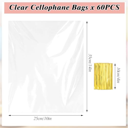 woric 60pcs Cellophane Bags 10x14 Inch Clear Gift Bags Cellophane Wrap Treat Bag Party Favor Bag for Graduation Gifts Cookies Candies Bread Mugs Craft Projects with 60 Twist Ties - Image 3