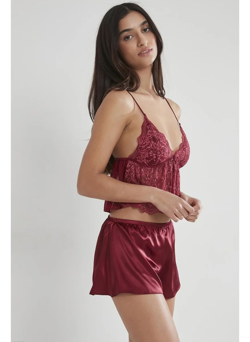 بيير كاردان 450 Women's Satin Lace Pajama Shorts - Claret Red