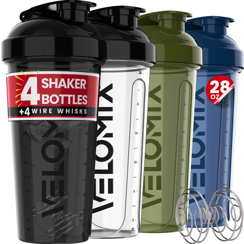 VELOMIX 4 PACK 28 oz Protein Shaker Bottle for Protein Mixes 4x Wire Whisk Leak Proof Shaker Cups for Protein Shakes Protein Shaker Bottle Pack Protein Shake Cup NeoCool Pack - Image 2