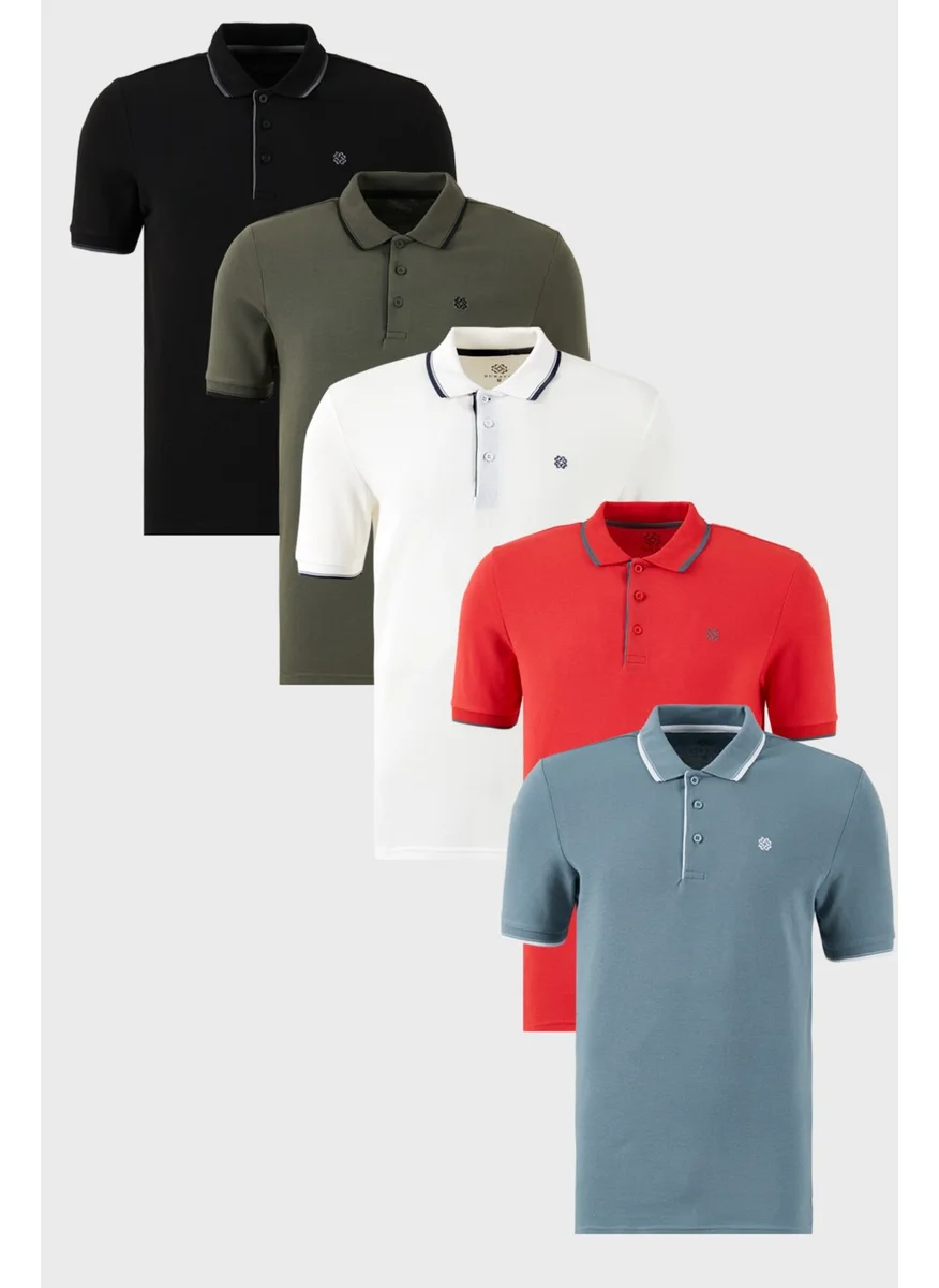 Buratti Cotton Slim Fit Stripe Detail Buttoned Polo Collar 5-Pack T Shirt Men's T Shirt 5902118S5