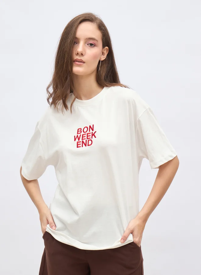 ستايلي Styli Embroidered Slogan Oversized T-Shirt