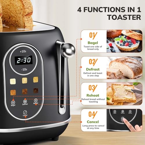 Keenstone Smart Touch Screen Toaster 2 Slice, Retro Wide Slot Stainless Steel Toaster with 6 Browning Levels, Reheat & Defrost, for Bagel, Toast, Bread, Removable Crumb Tray, Black - Image 5