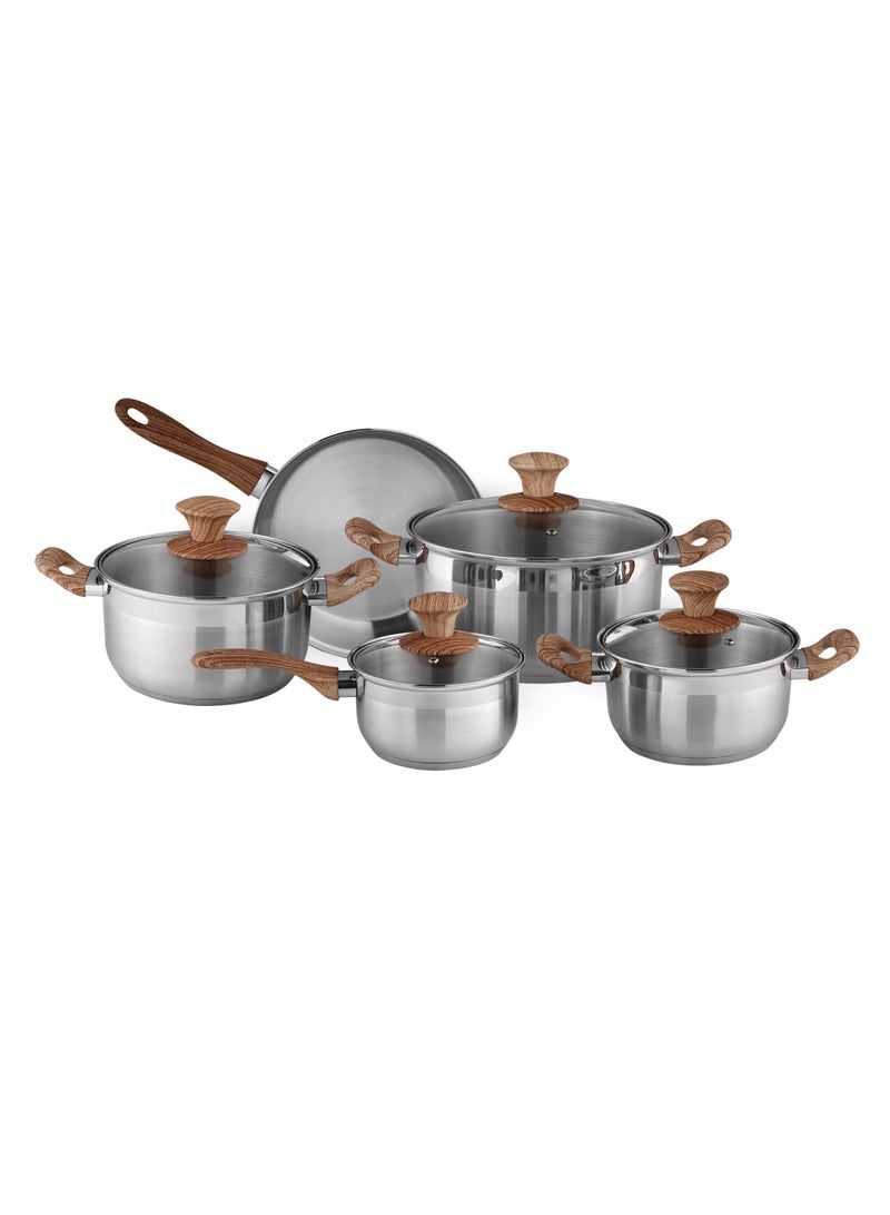 ديلكاسا طقم أواني طهي ديلكاسا من الفولاذ المقاوم للصدأ مكون من 9 قطع DC3581، طاجن 24 سم مع غطاء، طاجن 20 سم مع غطاء، طاجن 18 سم مع غطاء، مقلاة 24 سم، قدر 16 سم مع غطاء - Image 1