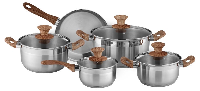 ديلكاسا طقم أواني طهي ديلكاسا من الفولاذ المقاوم للصدأ مكون من 9 قطع DC3581، طاجن 24 سم مع غطاء، طاجن 20 سم مع غطاء، طاجن 18 سم مع غطاء، مقلاة 24 سم، قدر 16 سم مع غطاء - Image 1