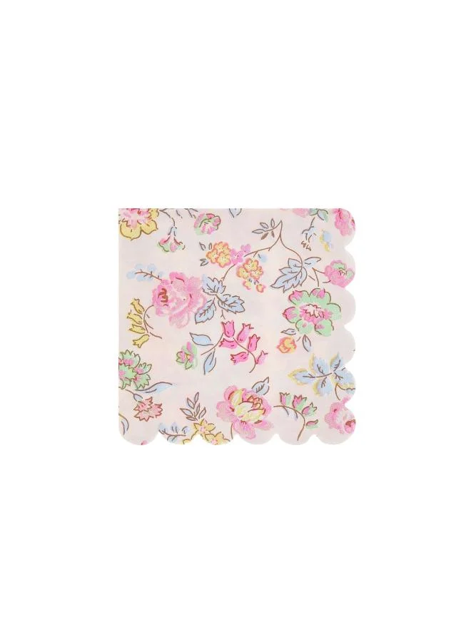Pink Chintz Small Napkins - Pack of 16 Paper Napkins with Scalloped Edges and Pastel Floral Design for Birthday, Bridal Shower, Afternoon Tea and Parties