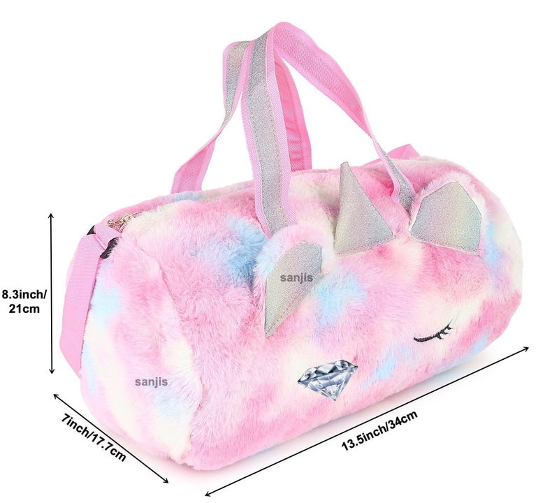 Sanjis Enterprise Fur Cute Cartoon Duffel Bag Handbag Fur Overnight Weekender Travel Bag Fancy Tote Picnic Dance Class Bag for Small Girls - Image 2