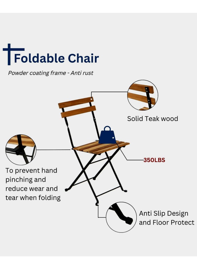 Generic - Folding Bistro Chairs Solid Wood Teak and Metal Dining Chair with Backrest, Weather Resistant Metal Outdoor Furniture - Image 1