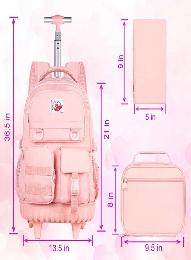 CCJPX Rolling Backpack for Girls Women, 21" Roller Wheels School Bookbag, Wheeled Suitcase Backpacks with Lunch Bag for Teen, 21"pink, One Size, Casual - Image 2