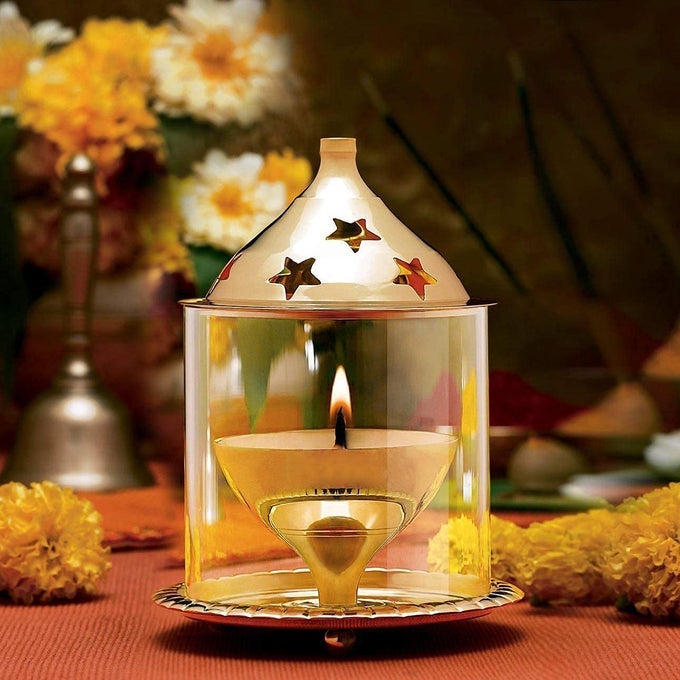 BRASS GLASS AKHAND DIYA DECORATIVE OIL LAMP TEA LIGHT HOLDER LANTERN BOROSILICATE GLASS CYLINDERICAL SHAPED MEDIUM ITEM HEIGHT 12CM