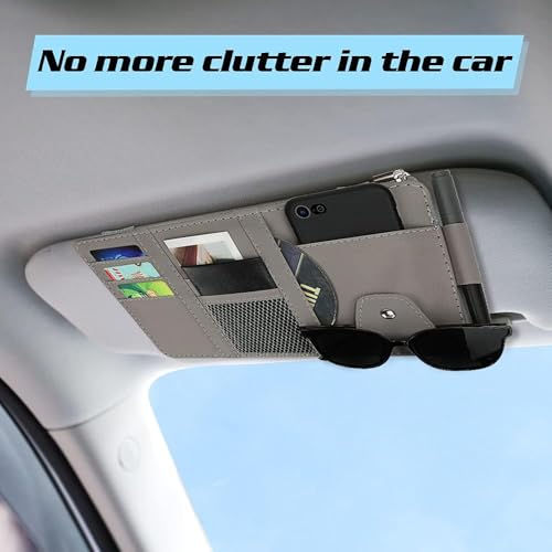 Automaze Car Sun Visor Organizer, Auto Interior Accessories Pocket Organizer - Car Truck Storage Pouch Holder, with Multi-Pocket Net Zipper (Gray) - Image 2