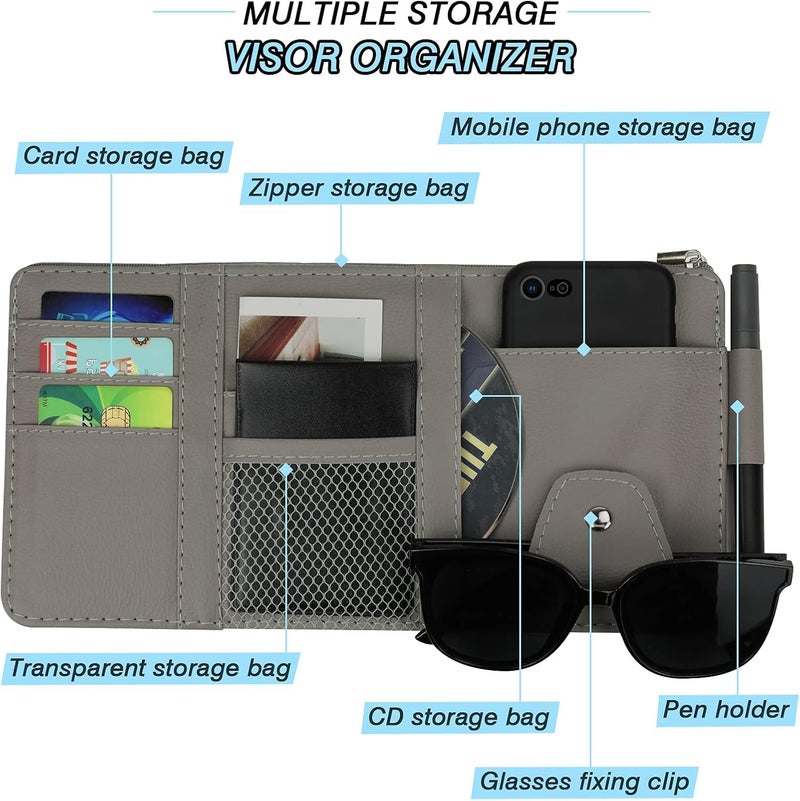 Automaze Car Sun Visor Organizer, Auto Interior Accessories Pocket Organizer - Car Truck Storage Pouch Holder, with Multi-Pocket Net Zipper (Gray) - Image 4