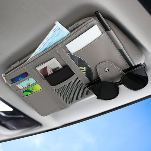 Automaze Car Sun Visor Organizer, Auto Interior Accessories Pocket Organizer - Car Truck Storage Pouch Holder, with Multi-Pocket Net Zipper (Gray) - Image 1