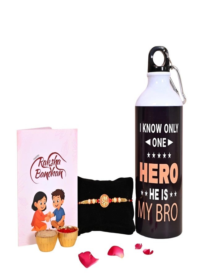 Poorak Religious Assorted Rakhi Gift – 1 Rakhi, Roli Chawal, Greeting Card & Hero He Is My Bro Printed Water Bottle - Image 1