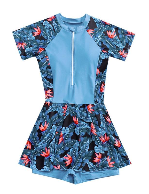 JadeRich Teen Girls One Piece Short Sleeve Swim Dress Rash Guard Bathing Suit Skirted Zip Front Swimwear Blue - Image 5