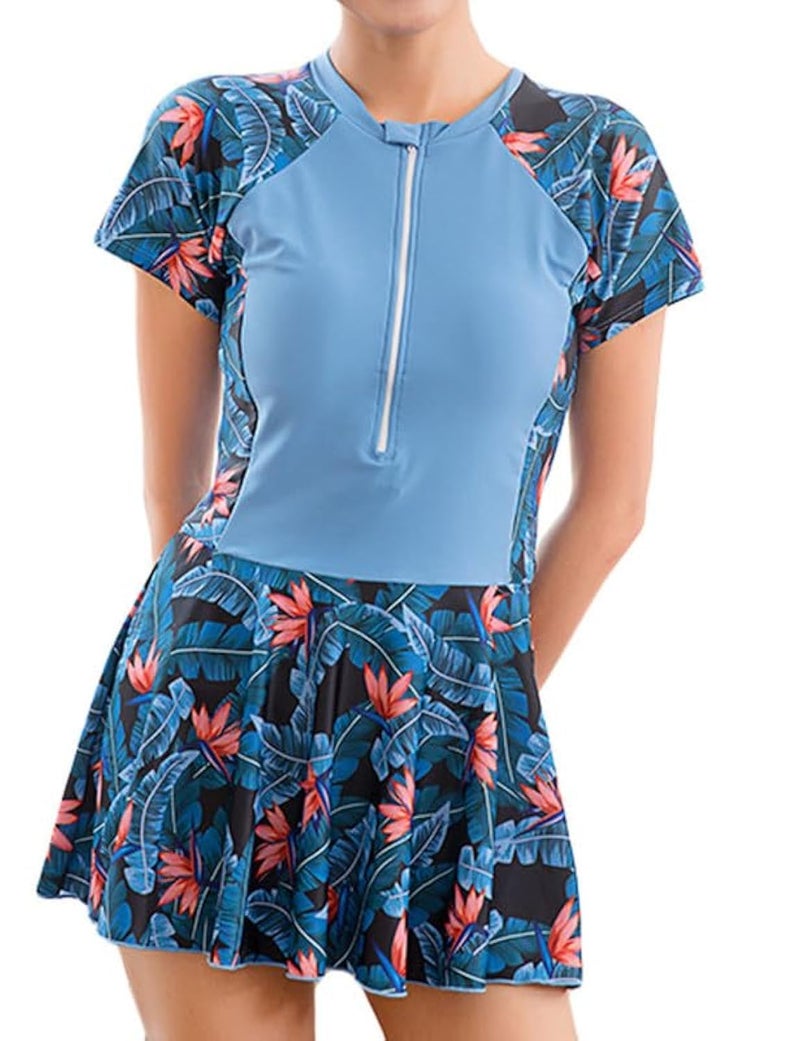 JadeRich Teen Girls One Piece Short Sleeve Swim Dress Rash Guard Bathing Suit Skirted Zip Front Swimwear Blue - Image 3