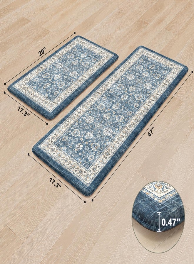 KIMODE Anti Fatigue Kitchen Mats 17.3" x 47"+17.3" x 29", Boho Blue Kitchen Rugs Sets of 2, Non Slip Waterproof Kitchen Floor Mats, Vintage Memory Foam Kitchen Mat for Sink, Laundry, Desk - Image 3