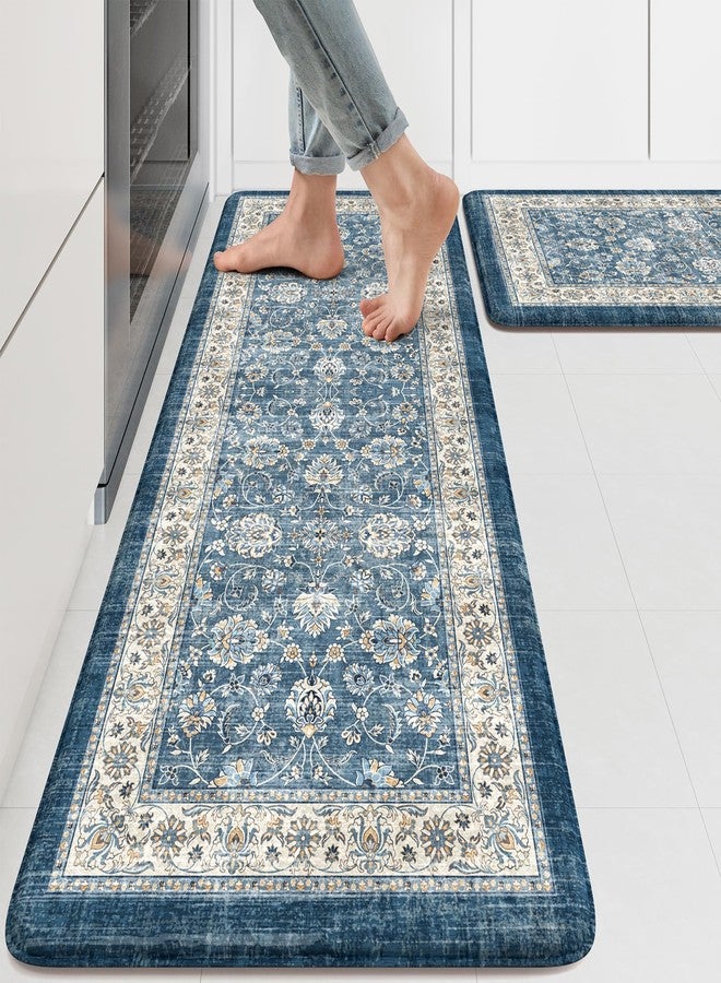 KIMODE Anti Fatigue Kitchen Mats 17.3" x 47"+17.3" x 29", Boho Blue Kitchen Rugs Sets of 2, Non Slip Waterproof Kitchen Floor Mats, Vintage Memory Foam Kitchen Mat for Sink, Laundry, Desk - Image 1