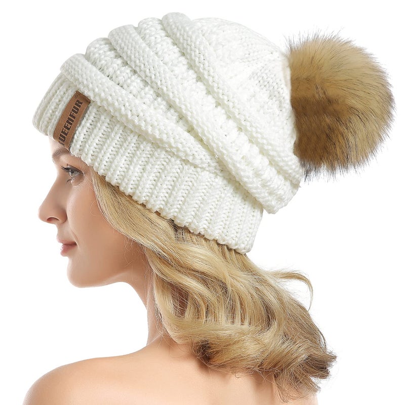 QUEENFUR Women Knit Slouchy Beanie Chunky Baggy Hat with Faux Fur Pompom Winter Soft Warm Ski Cap - Image 1