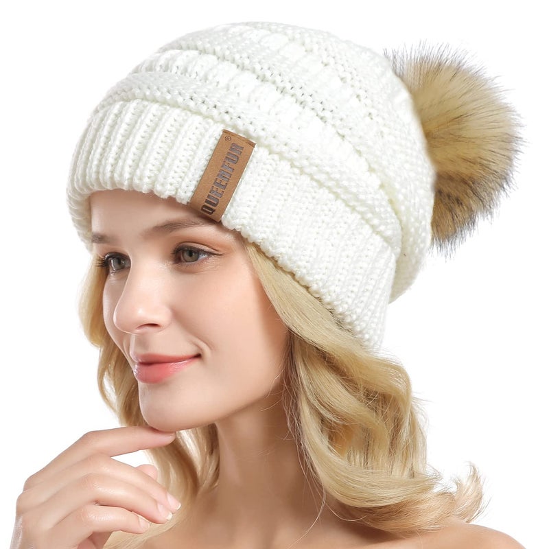 QUEENFUR Women Knit Slouchy Beanie Chunky Baggy Hat with Faux Fur Pompom Winter Soft Warm Ski Cap - Image 3