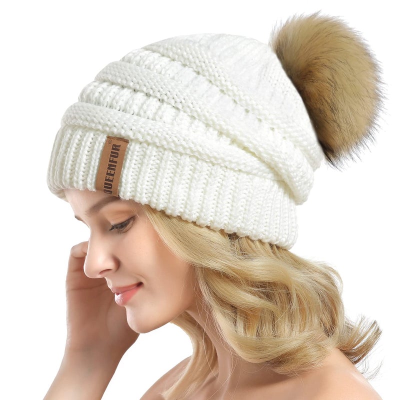 QUEENFUR Women Knit Slouchy Beanie Chunky Baggy Hat with Faux Fur Pompom Winter Soft Warm Ski Cap - Image 2