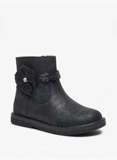 JUNIORS Girls Floral Accent Low Ankle Boots with Zip Closure  - Image 1