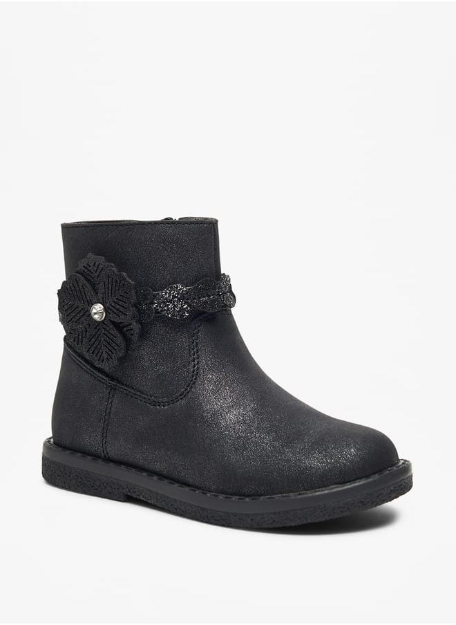 JUNIORS Girls Floral Accent Low Ankle Boots with Zip Closure  - Image 1