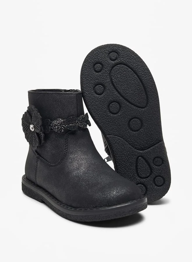 JUNIORS Girls Floral Accent Low Ankle Boots with Zip Closure
