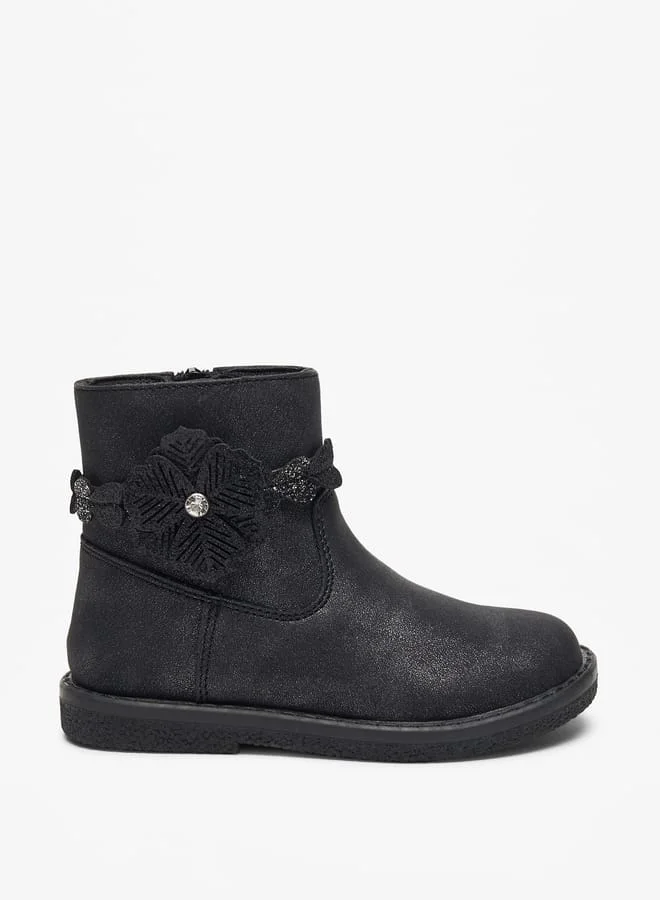 JUNIORS Girls Floral Accent Low Ankle Boots with Zip Closure