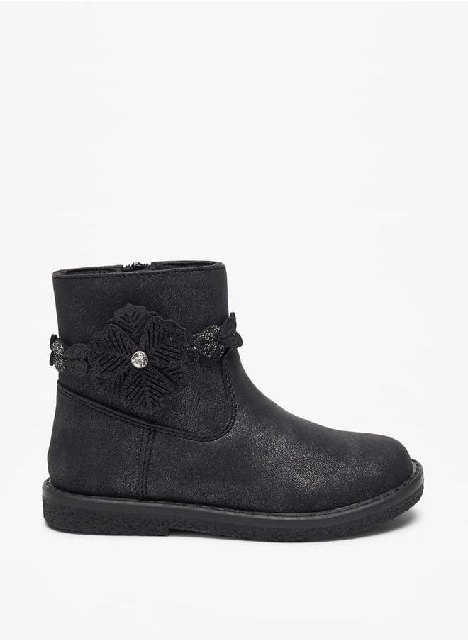 JUNIORS Girls Floral Accent Low Ankle Boots with Zip Closure  - Image 3