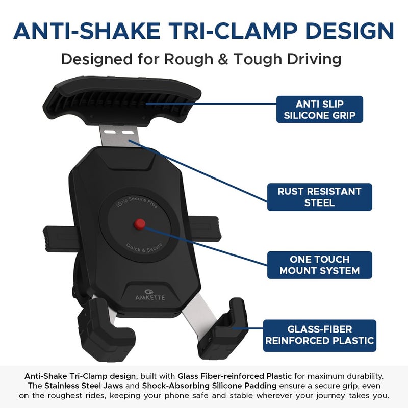 Amkette iGrip Secure Plus Mobile Holder for Bike/Scooter | Sturdy Build with Internal Metal Core, Anti-Shake Mount, 360° Rotation, IPX6 Waterproof, ABS & Rubber Protection (Black) - Image 2