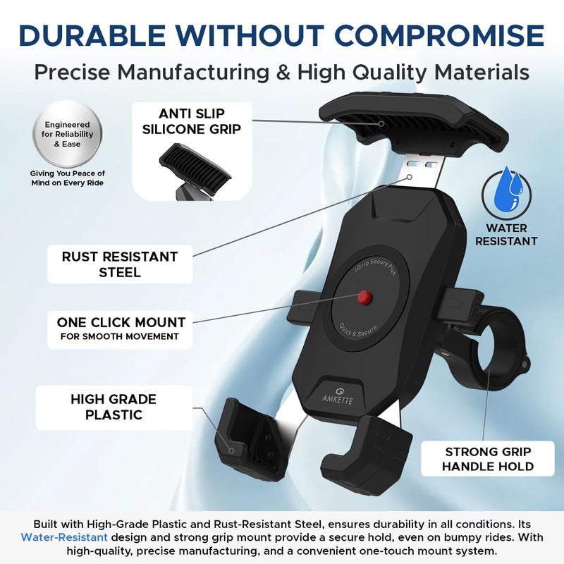 Amkette iGrip Secure Plus Mobile Holder for Bike/Scooter | Sturdy Build with Internal Metal Core, Anti-Shake Mount, 360° Rotation, IPX6 Waterproof, ABS & Rubber Protection (Black) - Image 4