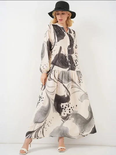 BIG DART BDART Printed V-Neck Maxi Dress with Button Closure