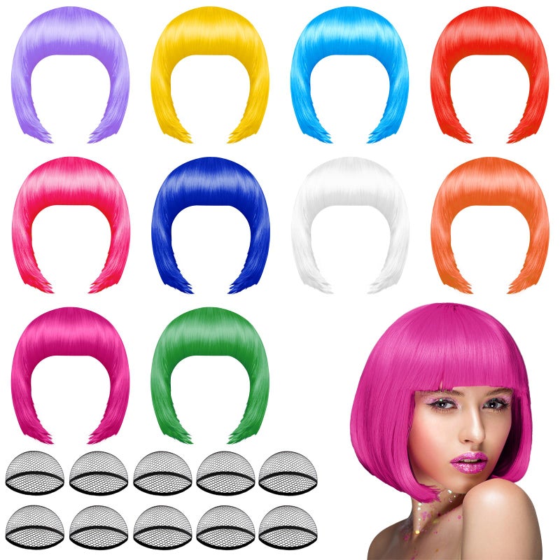 PLULON 10 Pieces Party Wigs and 10 Pieces Wig Caps Set, Neon Short Bob Wig Pack Costume Colorful Cosplay Daily Party Hairpieces for Bachelorette Neon Party Favors, Halloween Decorations - Image 1