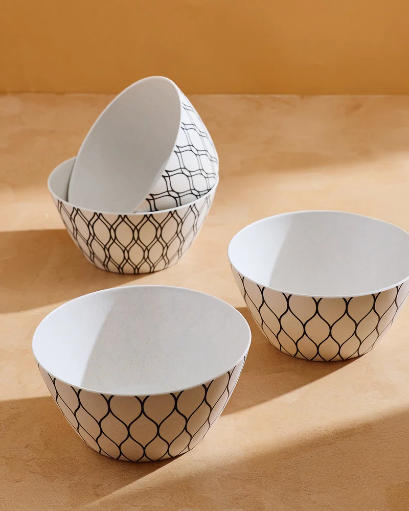 Redtag Grey Geometric Bamboo Bowl Set (4 Piece)
