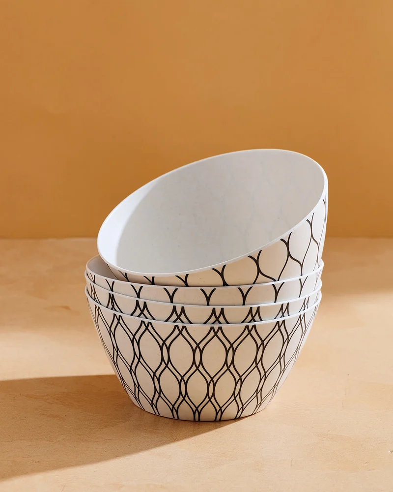 Redtag Grey Geometric Bamboo Bowl Set (4 Piece)