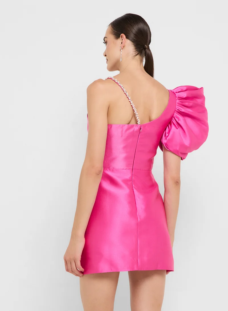 Éclat Luxe Assymetric Shoulder Puff Sleeves Shift Dress